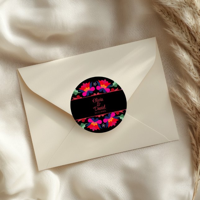 Black and Red Mexican Floral Fiesta Wedding  Classic Round Sticker (Black and Red Mexican Floral Fiesta Wedding Classic Round Sticker on an elegant wedding envelope.)