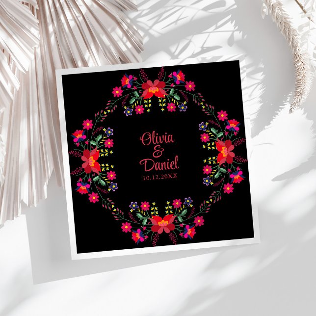 Black and Red Mexican Floral Fiesta Wedding  Napkin (Black and Red Mexican Floral Fiesta Wedding Paper Dinner Napkins on a sunny white table.)