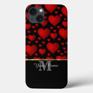 Black and red monogram love heart pattern iPhone 13 case