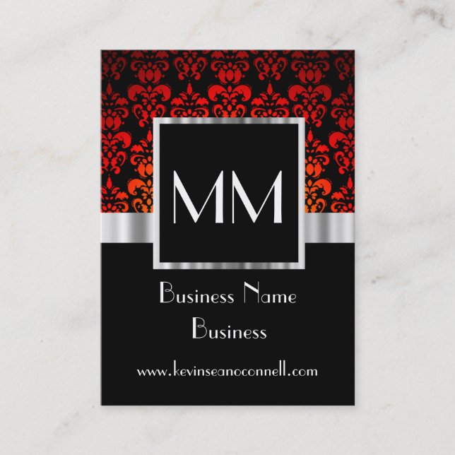 Black and red monogrammed damask business card (Front)
