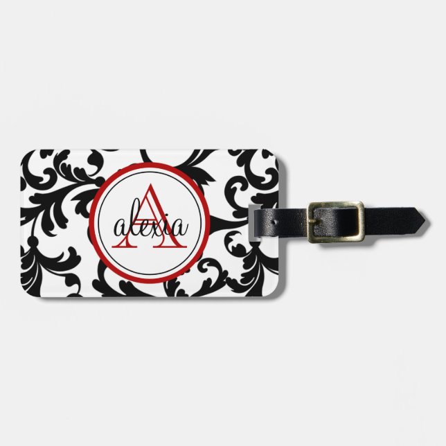 Black and Red Monogrammed Damask Print Luggage Tag (Front Horizontal)