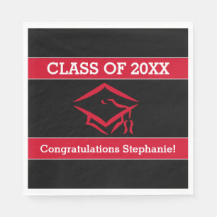 Black and Red Mortarboard Graduation Party Napkin