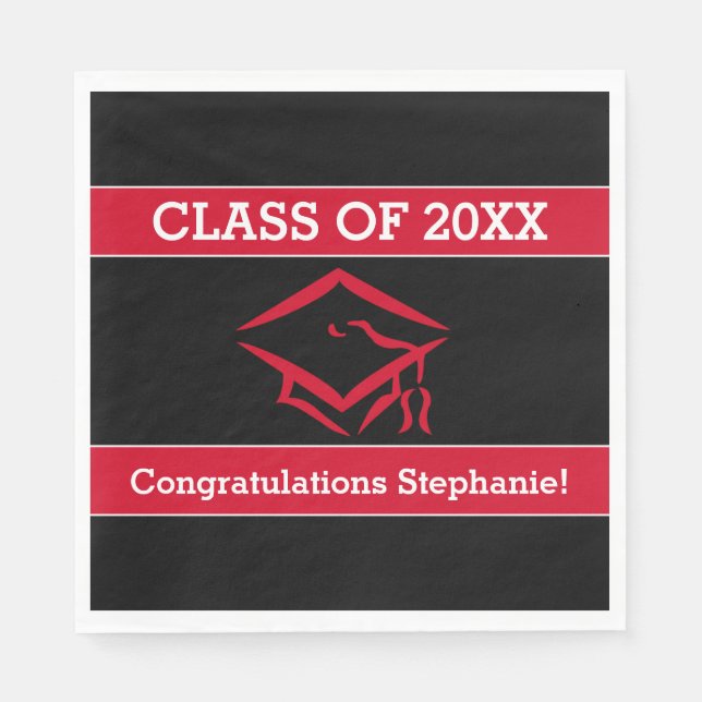 Black and Red Mortarboard Graduation Party Napkin (Front)