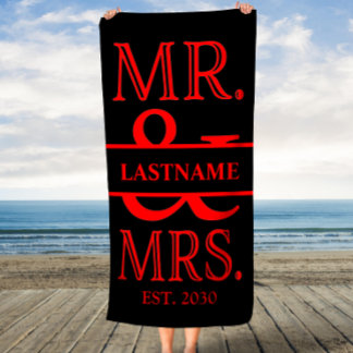 Black and Red Mr. Mrs. Personalised Beach Towel