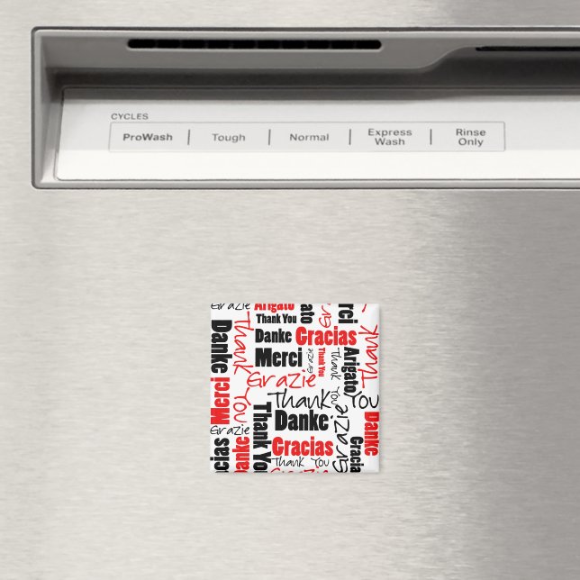 Black and Red Multilingual Thank You Word Cloud Magnet (In Situ (Dishwasher))