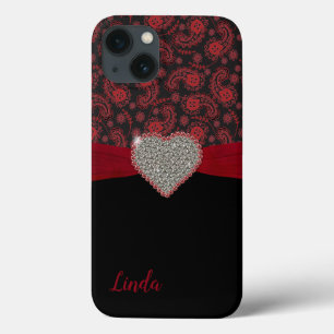 Black and Red Paisley with Diamond Heart iPhone 13 Case