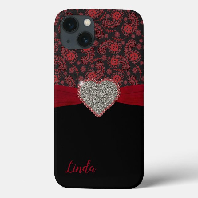 Black and Red Paisley with Diamond Heart Case-Mate iPhone Case (Back)