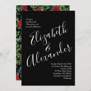 Black and Red Peony Rose Floral Wedding Invitation