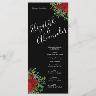 Black and Red Peony Rose Floral Wedding Menu