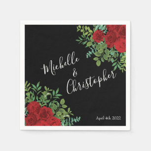 Black and Red Peony Rose Floral Wedding Napkin