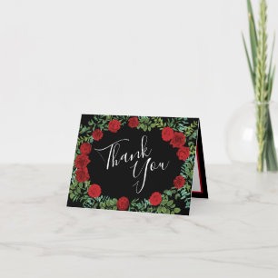 Black and Red Peony Rose Floral Wedding Thank You Card