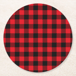 Black and Red Plaid Round Paper Coaster