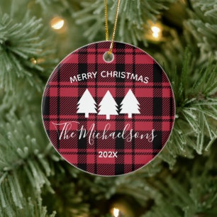 Black and Red Plaid with Monogram Name Photo   Ceramic Tree Decoration