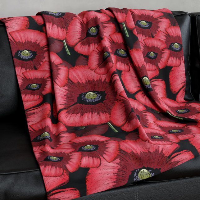 Black and Red Poppies Floral Fleece Blanket (Pop a poppy blanket on your sofa and snuggle up)