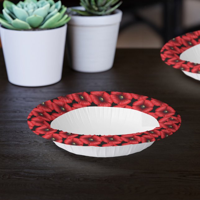 Black and Red Poppy Flowers Floral Edge Paper Plate (A poppy pattern paper bowl for you to pop your popcorn in)