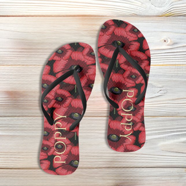 Black and Red Poppy Flowers Floral Womens Jandals (Pop a pair of poppy flip flops on your feet. Just add your name!)