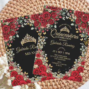 Black and Red Quinceañera Golden Butterflies Roses Invitation