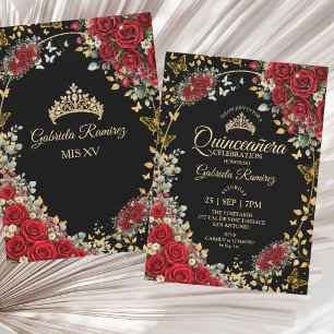 Black and Red Quinceañera Golden Butterflies Roses Invitation