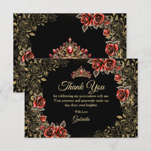 Black and Red Quinceañera Golden Tiara Roses   Thank You Card