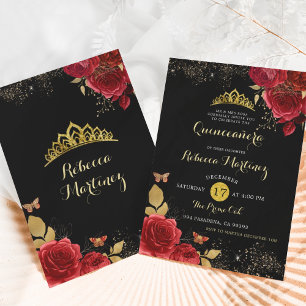 Black and Red Roses Floral Girl Mis XV Años Invitation