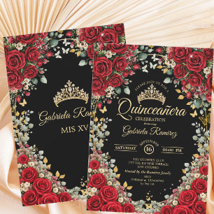 Black and Red Roses Golden Butterflies Quinceañera Invitation