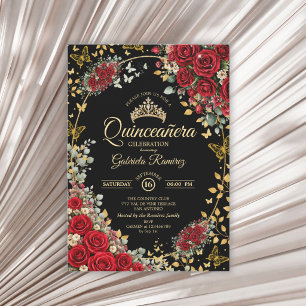 Black and Red Roses Golden Butterflies Quinceañera Invitation