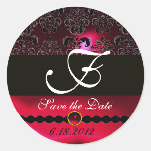 BLACK AND RED RUBY DAMASK MONOGRAM,burgundy Classic Round Sticker