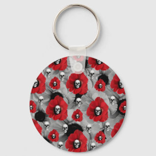 Black and red skull poppies polka dots key ring