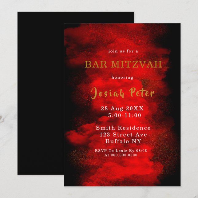Black and Red Smoke Bar Mitzvah Invitations (Front/Back)