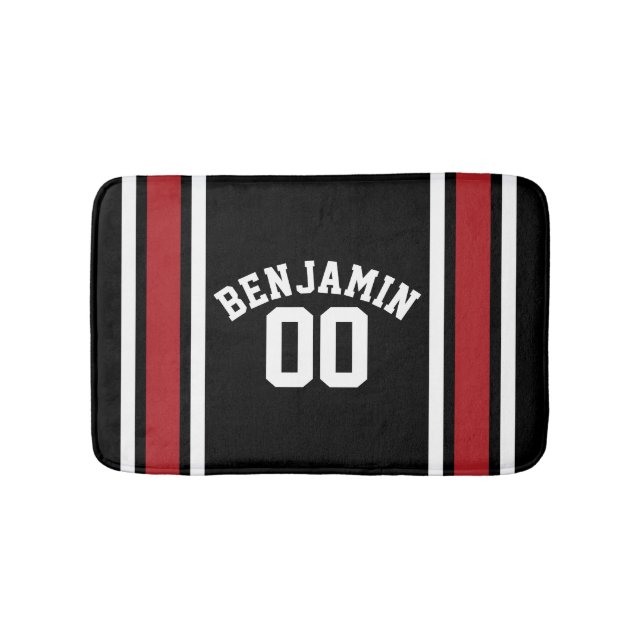Black and Red Sports Jersey Custom Name Number Bath Mat (Front)