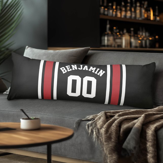 Black and Red Sports Jersey Custom Name Number Body Cushion (Custom Body Pillow with a Sports Theme)