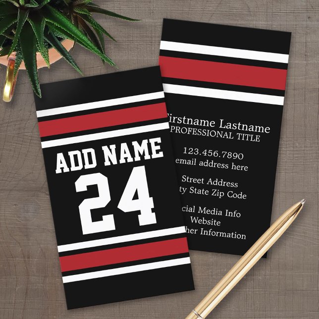 Black and Red Sports Jersey Custom Name Number Business Card (Custom Business Card Template)