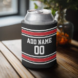 Black and Red Sports Jersey Custom Name Number Can Cooler<br><div class="desc">If you are a Fantasy Football team owner,  make your own team jersey products and show off to your friends! Or - Do you play High School Football and want a memento? This jersey design is perfect for anyone playing sports.</div>