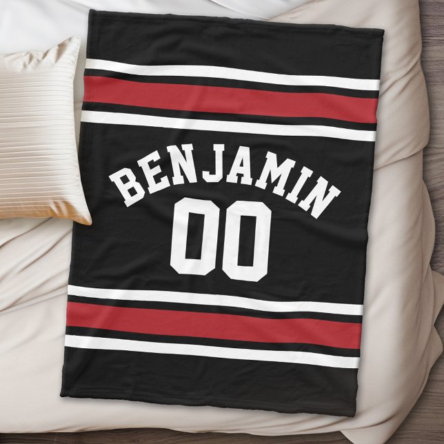 Black and Red Sports Jersey Custom Name Number Fleece Blanket (Personalized fleece blanket - Sports Theme)