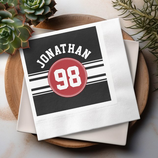 Black and Red Sports Jersey Custom Name Number Napkin (Custom Party Napkins)