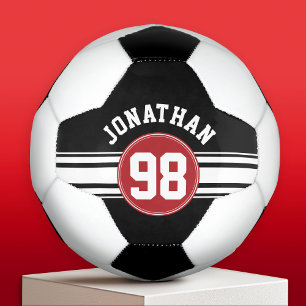 Black and Red Sports Jersey Custom Name Number Soccer Ball