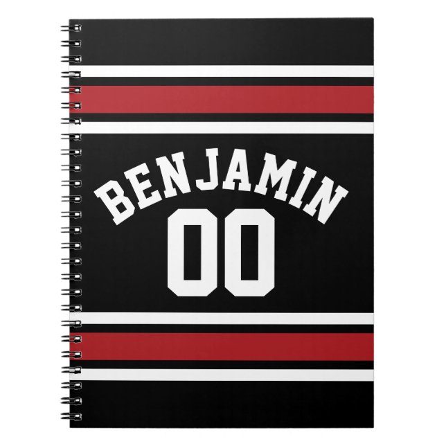 Black and Red Sports Jersey Custom Name Number Spiral Notebook (Front)