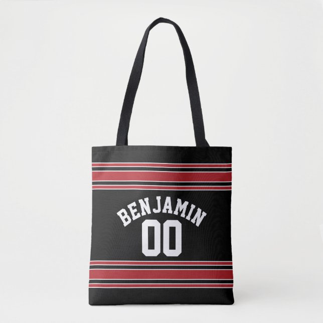 Black and Red Sports Jersey Custom Name Number Tote Bag (Front)