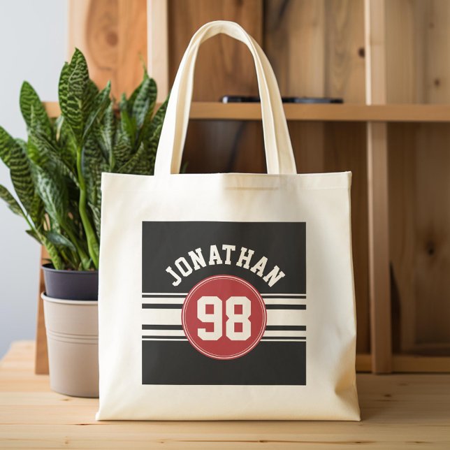 Black and Red Sports Jersey Custom Name Number Tote Bag (Custom Tote Bag)