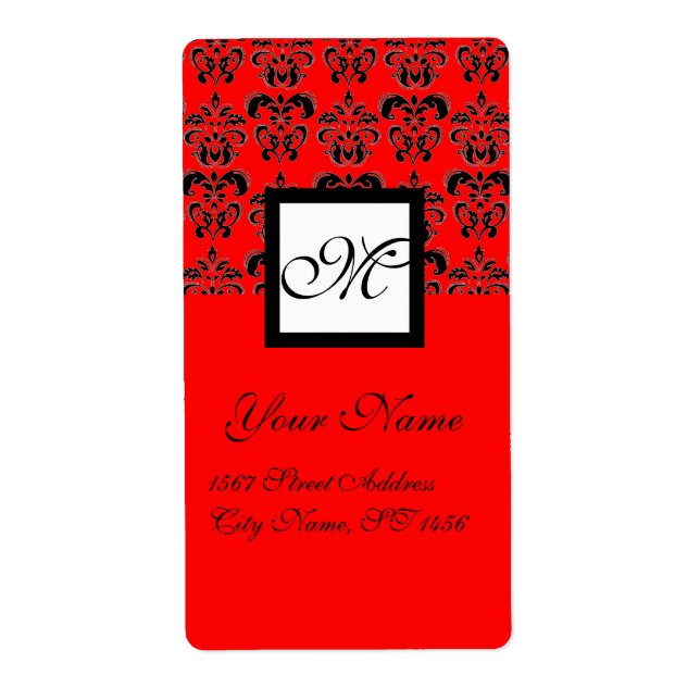 BLACK AND RED SQUARE DAMASK MONOGRAM, (Front)