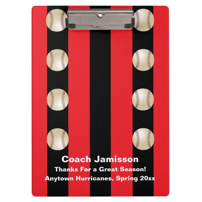 Black and Red Stripe, Baseball Coach Thanks, Name Clipboard (Front)