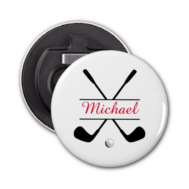 Black and Red Stylish Logo and Name Golf Player Bottle Opener (Front)