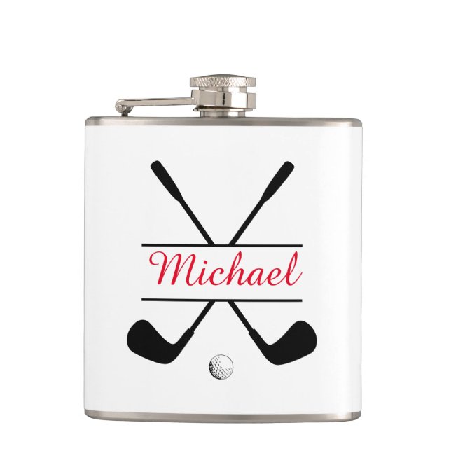 Black and Red Stylish Logo and Name Golf Player Hip Flask (Front)
