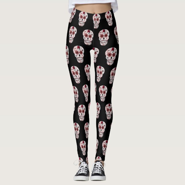 Black And Red  Sugar Skull Leggings (Front)