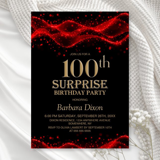 Black and Red Surprise 100th Birthday Party Invitation (Creator Uploaded)
