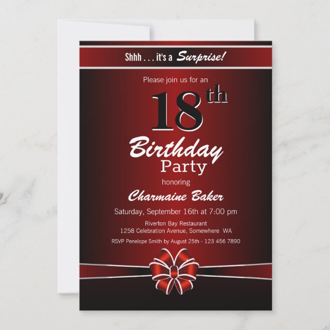 Black and Red Surprise 18th Birthday Party Invitation (Front)