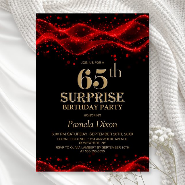 Black and Red Surprise 65th Birthday Party Invitation (Creator Uploaded)