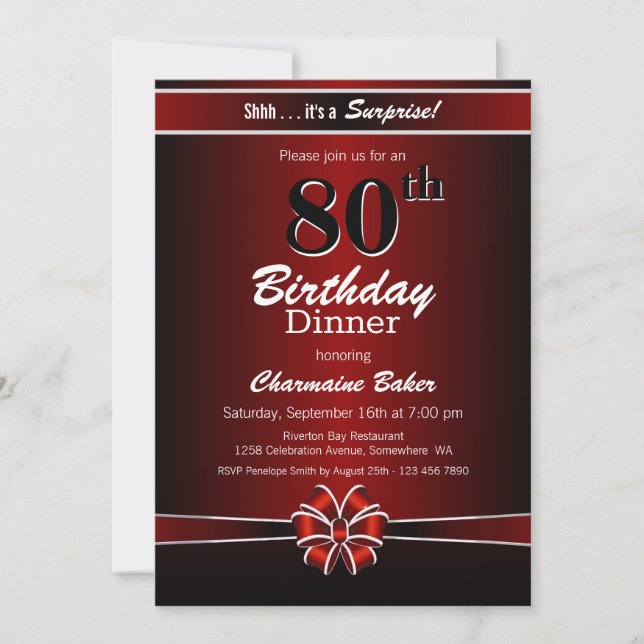 Black and Red Surprise 80th Birthday Dinner Party Invitation (Front)