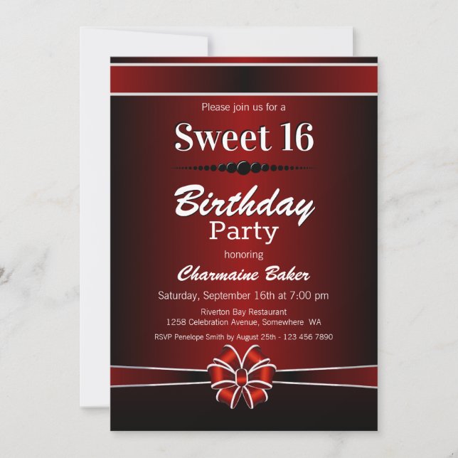 Black and Red Sweet 16 Birthday Party Invitation (Front)