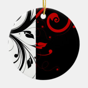 Black and Red Swirly Vines Ceramic Tree Decoration